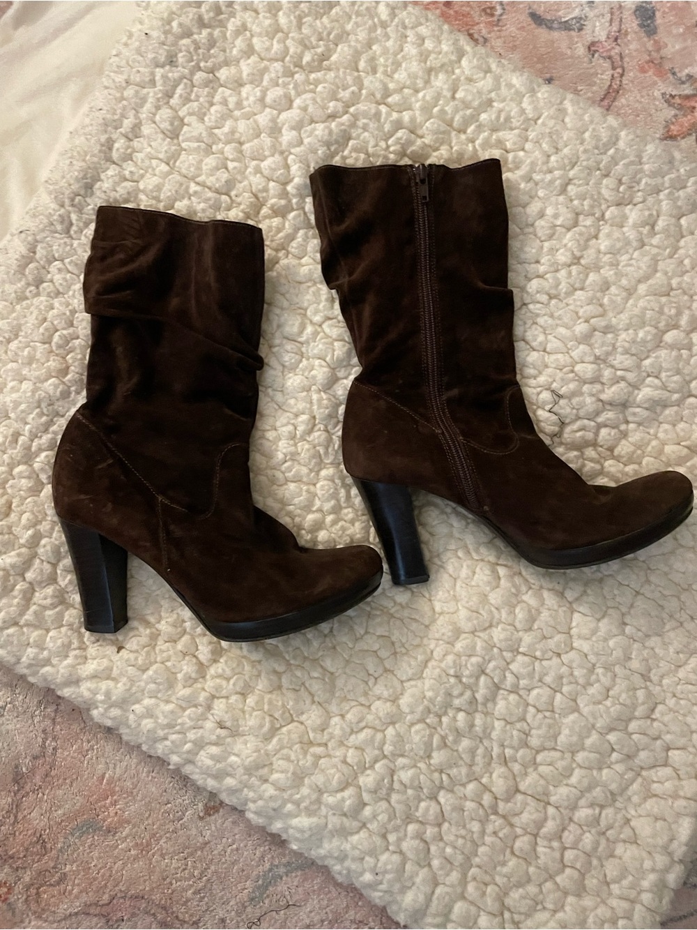 Women’s Brown Suede Mid-Calf Block Heel Boots